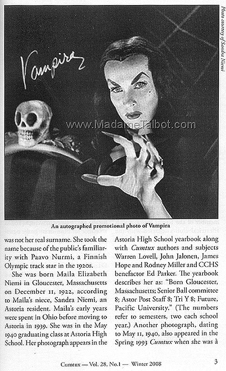 Autographed Promotional Photo of Vampira